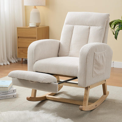 NIOIIKIT Nursery Rocking Chair, Corduroy Upholstered Rocking Chair with Adjustable Footrest, Tufted Rocker Chair with Side Pocket, Glider Rocker for Living Room, Bedroom (Cream Casual)