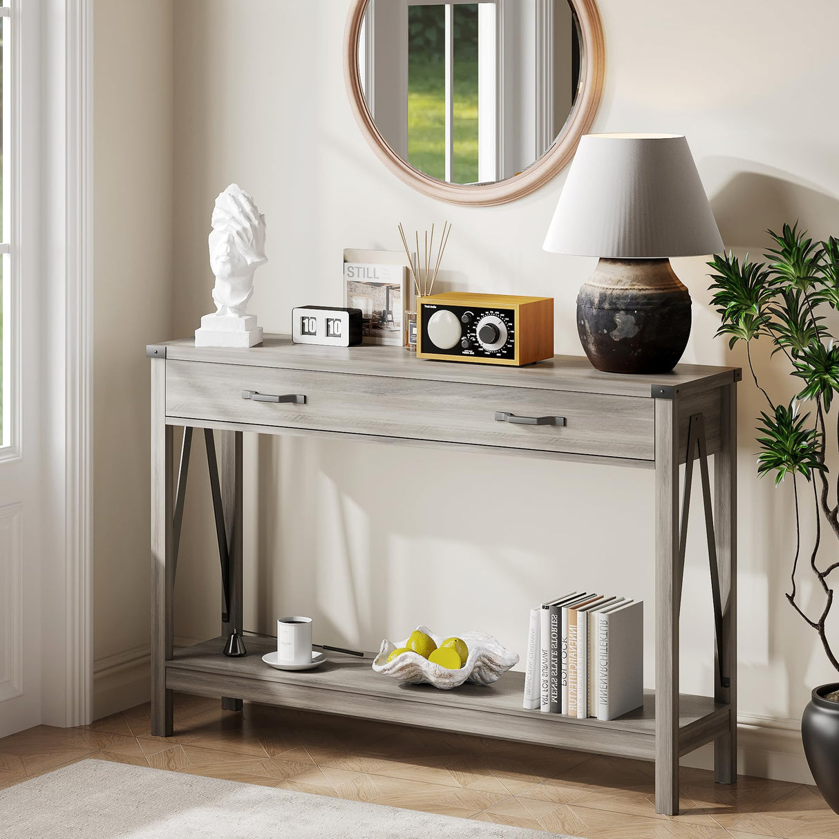 ChooChoo 47'' Farmhouse Console Table with Drawer, Entryway Table with Storage Shelf, Rustic A-Design Sofa Table for Hallway, Entrance, Living Room, Grey ChooChoo