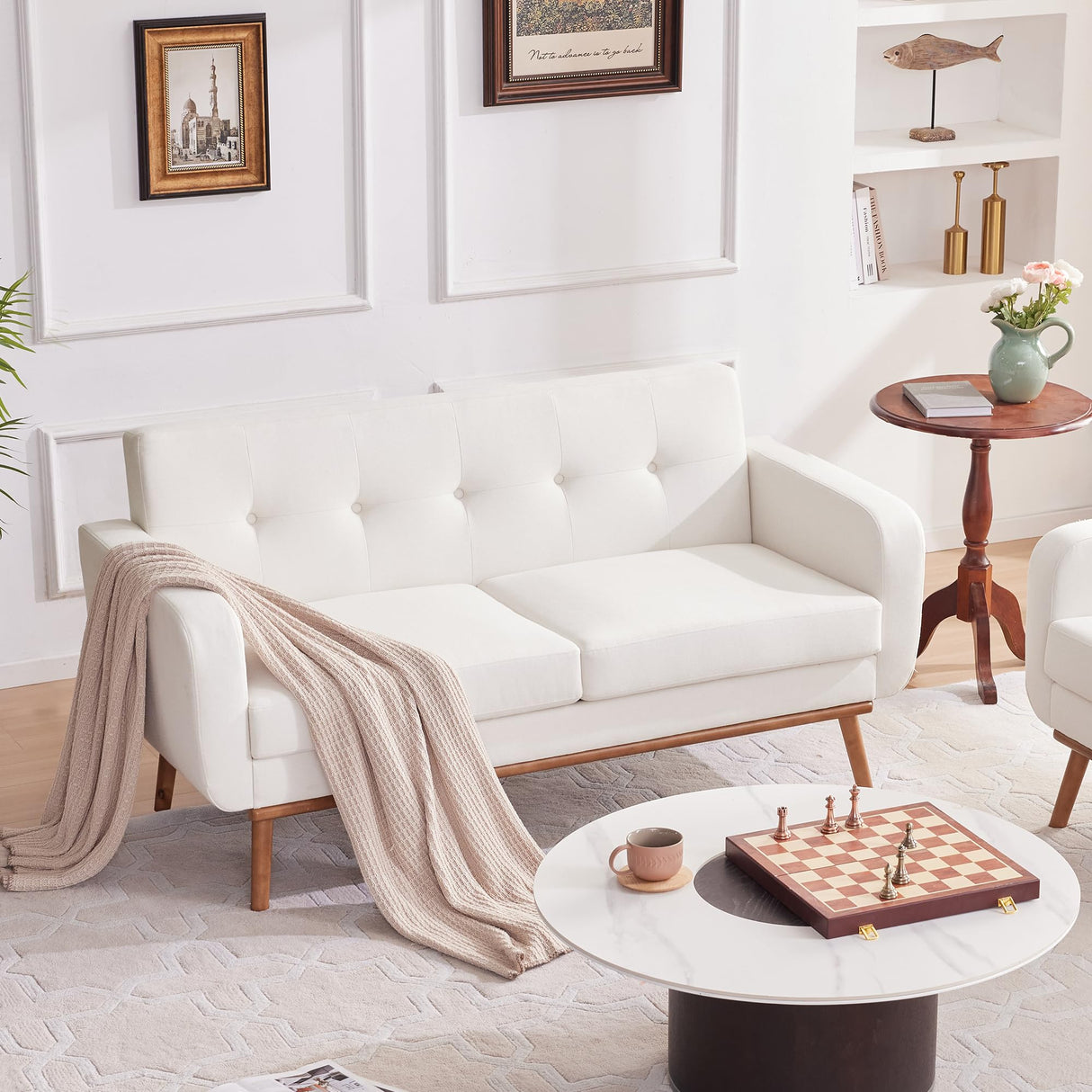 HUIMO 60'' Loveseat Sofa, Mid Century Modern Love Seat Couches for Living Room, Upholstered Love Seats Furniture with Solid Frame Button Tufted Small Couch for Bedroom Office Apartment (White) HUIMO