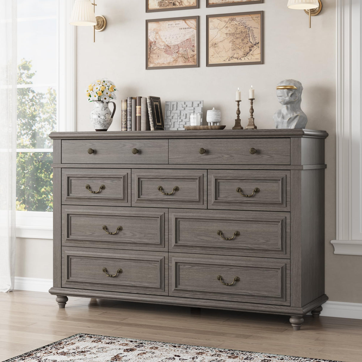 Jocoevol Farmhouse Dresser for Bedroom 9 Drawer Dresser with Deep Drawers, Tall Grey Big Large Wooden Chest of Drawers for Living Room, Hallway, Entryway (Grey, 9 Drawer) Jocoevol