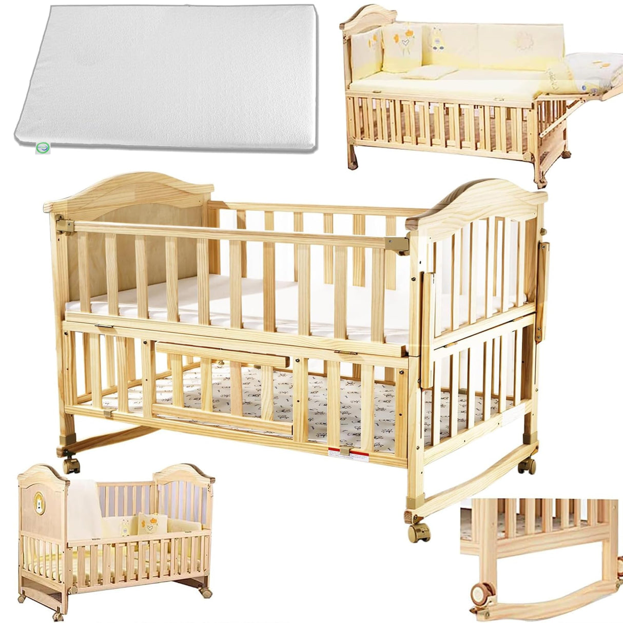 Mini Baby Crib 4 in 1 Convertible with Memory Foam Mattress(38"by 24") Included,cunas para Bebes 2024 Natural Wood Portable Crib with Foldable Storage Baby Playpen, Bassinet Bedside Sleeper,Baby Beds Styhigh