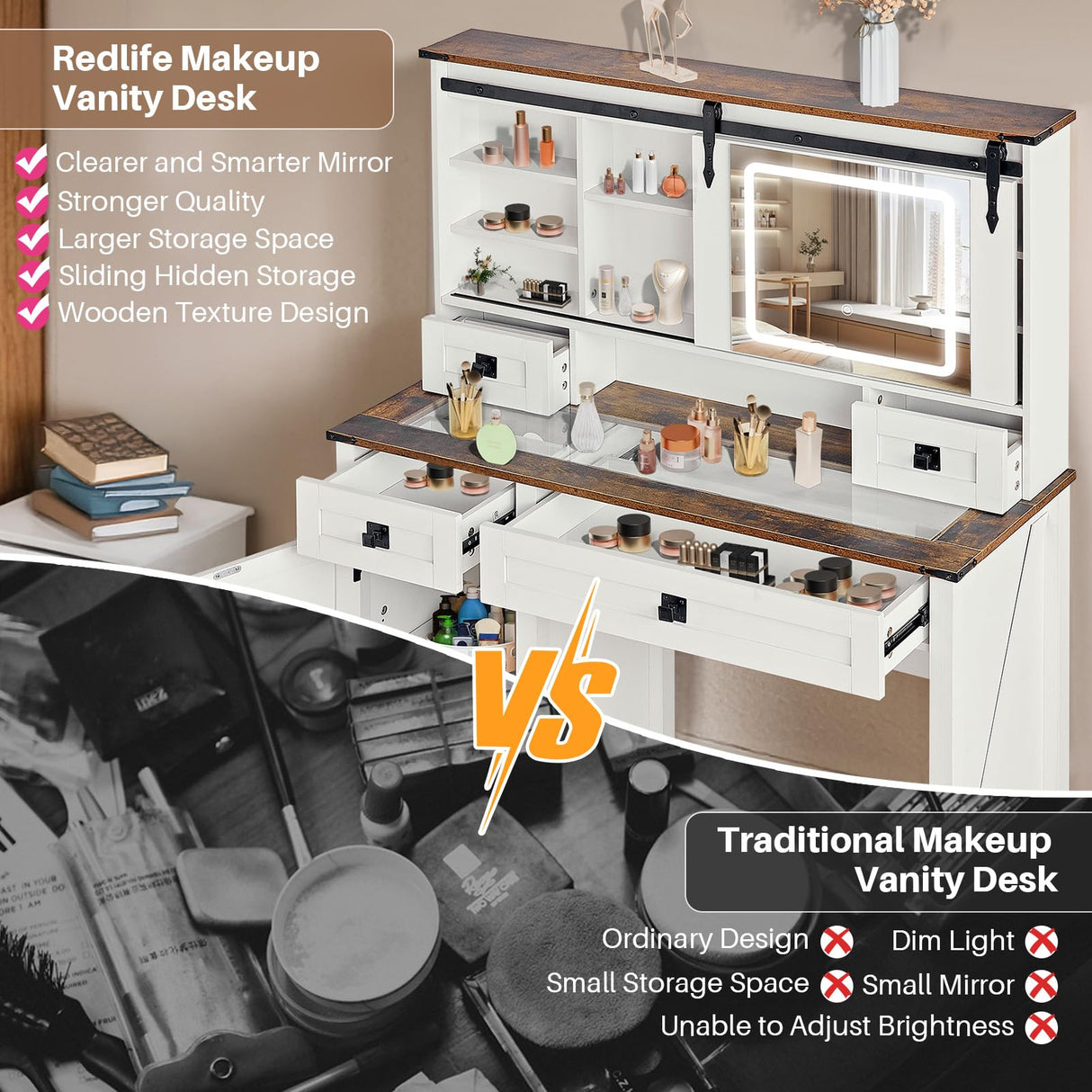 Redlife Farmhouse Vanity Desk with Mirror and Lights, 46" Vanity Set with Stool & Charging Station & Jewelry Cabinet - Makeup Vanity Desk with Glass Tabletop, 4 Drawers, Antique White Redlifeᅟᅠ