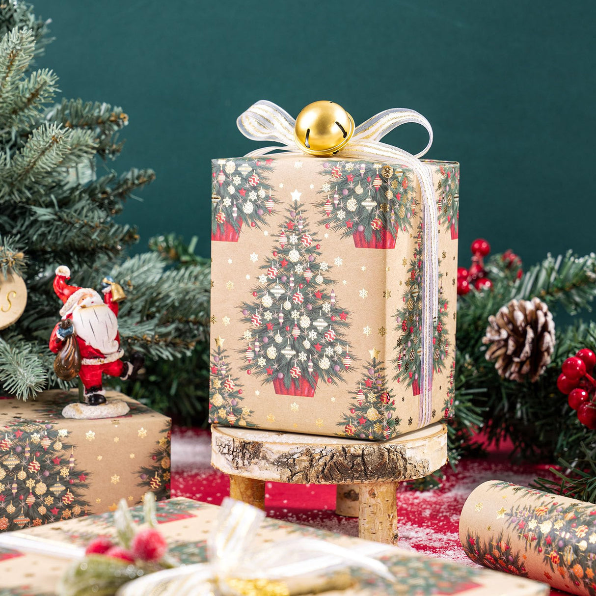 RUSPEPA Christmas Wrapping Paper Roll Gift Wrap - Mini Roll - Gold Foil Christmas Tree Kraft Wrapping Paper Roll, Great for Christmas, Winter and Holidays - 17 Inches X 16.4 Feet RUSPEPA