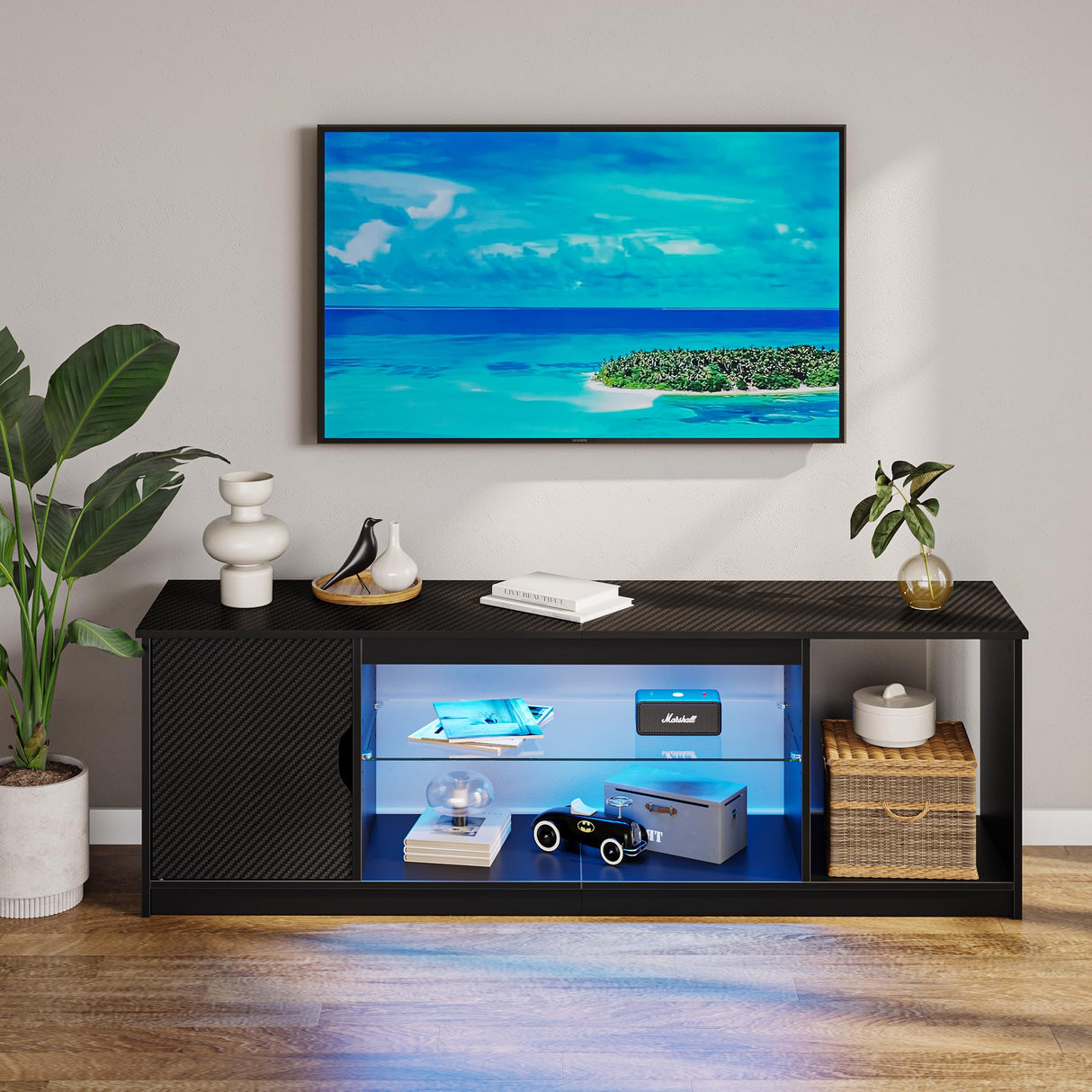 Bestier Led Entertainment Center for PS5, Gaming TV Stand with Cabinet for 60/65 Inch TV, Modern TV Console with Adjustable Glass Shelf for Living Room Easy Assembly Carbon Fiber Black Bestier