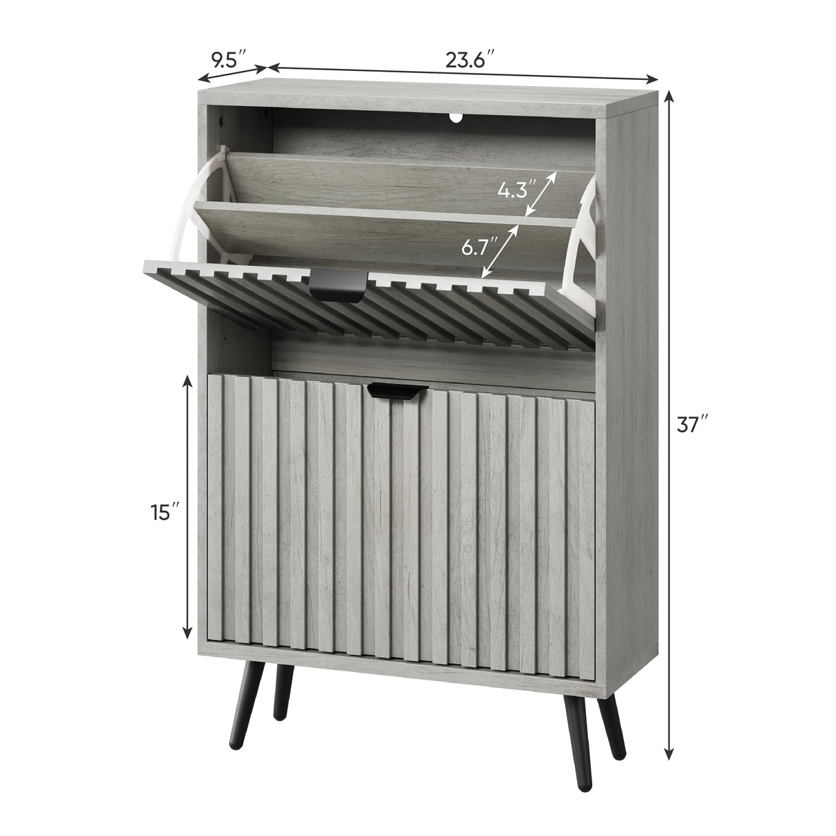 Smuxee Shoe Cabinet with 2 Flip Drawers, 23.6" Grey Hidden Shoe Storage Cabinet with Fluted Design, Freestanding Shoe Organizer Cabinet for Entryway, Hallway, Living Room, Closet Smuxee