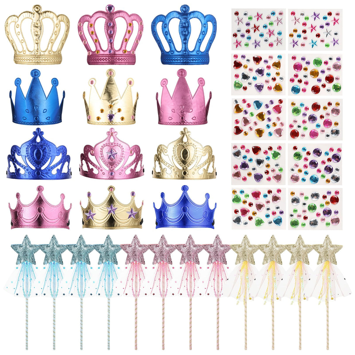 Hlimior 34 Pcs Foam Princess Party Crowns Kit, 12 DIY Princess Party Tiaras Crown Making Kits with 12 Fairy Wands 10 Diamond Stickers for Classroom Birthday Favors and Supplies (Gold, Pink, Blue) Hlimior