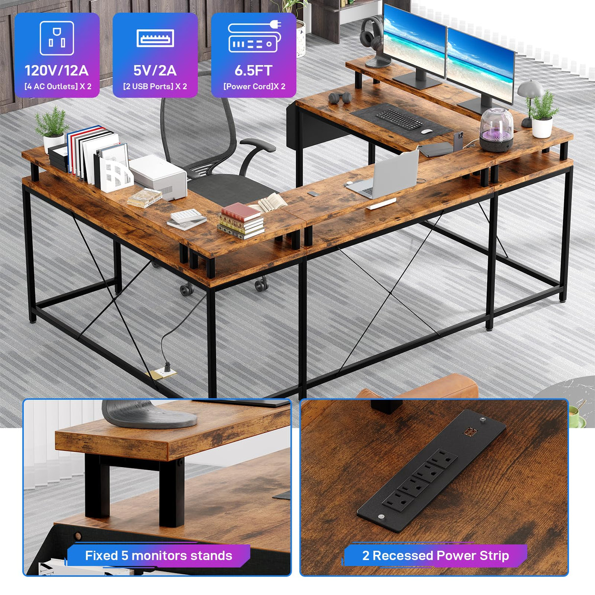 GarveeHome U Shaped Desk with Power Outlets & LED Lights, 79 in Reversible L Shaped Desk, Corner Computer Desk Office Desk with Full Monitor Stand, Rusitc Brown GarveeHome