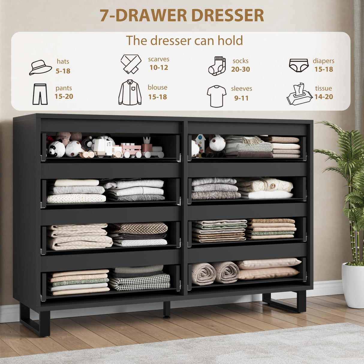 GarveeHome 8 Dresser for Bedroom, 55" Wide Dresser, Freestanding Horizontal Drawer with Storage, Wooden Closet Chest Storage for Living Room, Hallway, Entryway, Black GarveeHome