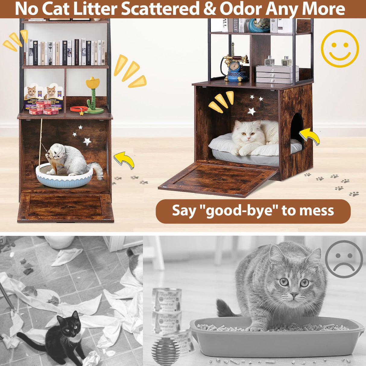 Epetlover Cat Litter Box Enclosure with 2 Storage Shelves Litter Box Furniture Hidden with Barn Door, Indoor Wooden Cat House, Rustic Brown Epetlover