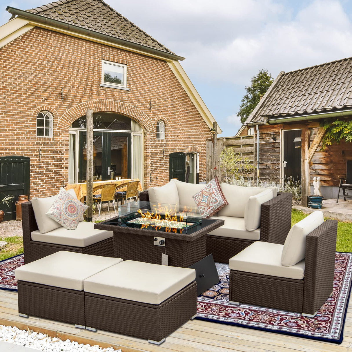BULEXYARD 7 Piece Highback Patio Furniture Set with Fire Pit Table, Modern Modular Outdoor Sectional Couch Sofa with Ottoman, 6-Person Backyard Seating for Outside, Deck, Brown Wicker & Beige Cushion BULEXYARD