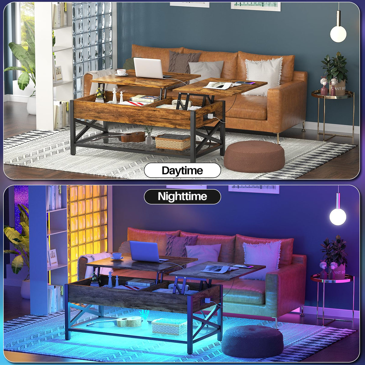 Aheaplus Coffee Table, Lift Top Coffee Table with LED Light and Power Outlet, Modern Lift-Top Center Table with Storage Shelf, for Living Room with Lift Tabletop, X Support Metal Frame, Rustic Brown Aheaplus