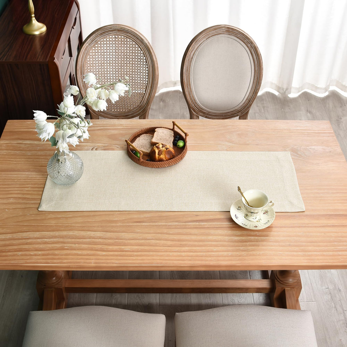 NEWISHER Farmhouse Rustic Table Runner Solid Beige Rectangular Table Runners Faux Linen Table Runner for Everyday Use Kitchen Dining Party Table 13x36 Inch NEWISHER