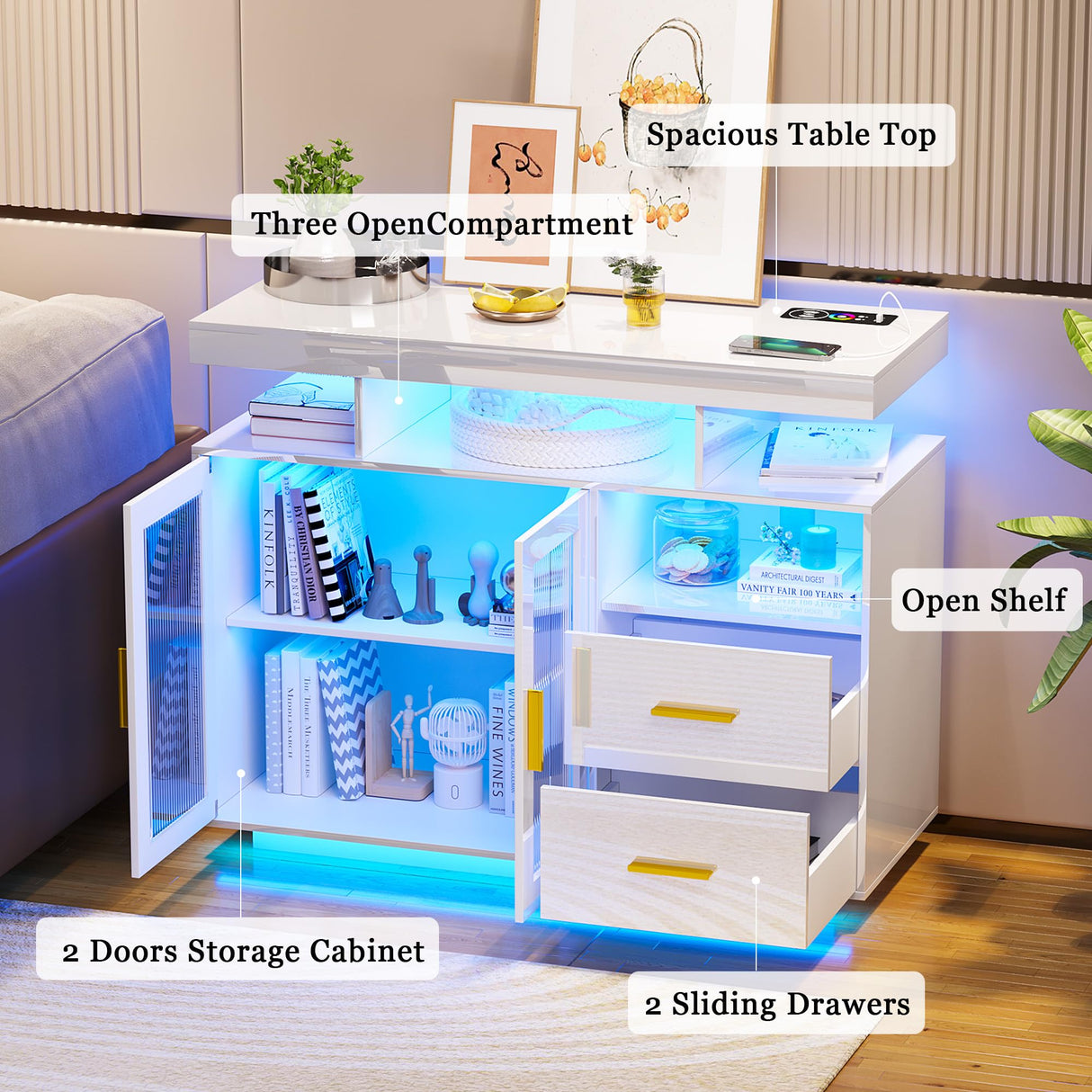 WOOVIVS 39.4" Modern LED Sideboard Buffet Cabinet with Wireless Charging Station, High Gloss Entrance Cabinet with Motion Sensor Light, Coffee Bar Cabinet for Dining Room, Kitchen, Hallway (White) WOOVIVS