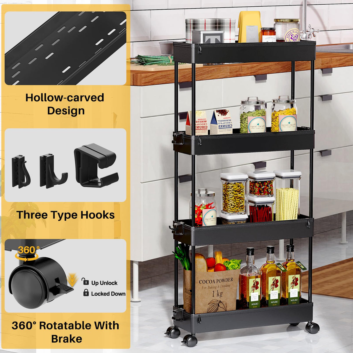 SPACEKEEPER Slim Rolling Storage Cart 4 Tier Organizer Mobile Shelving Unit Utility Cart Tower Rack for Kitchen Bathroom Laundry Narrow Places, Black SPACEKEEPER