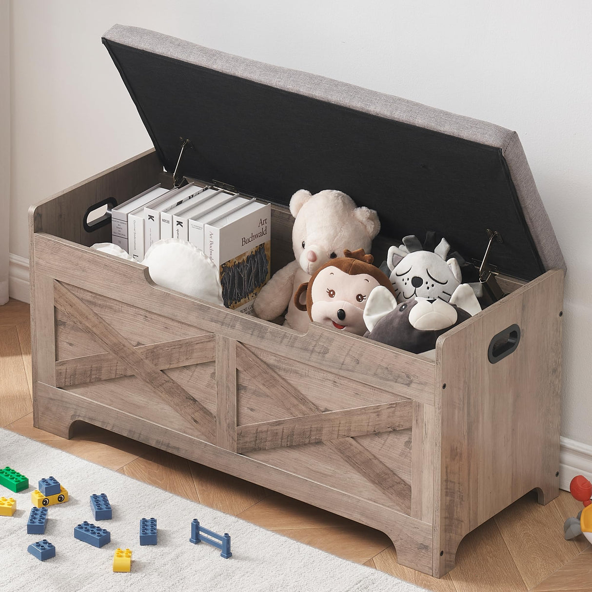 coucheta Storage Chest, Farmhouse Storage Trunk, Wooden Entryway Storage Bench with Safety Hinge and Lift-Top for Entryway, Bedroom, Living Room, Grey coucheta