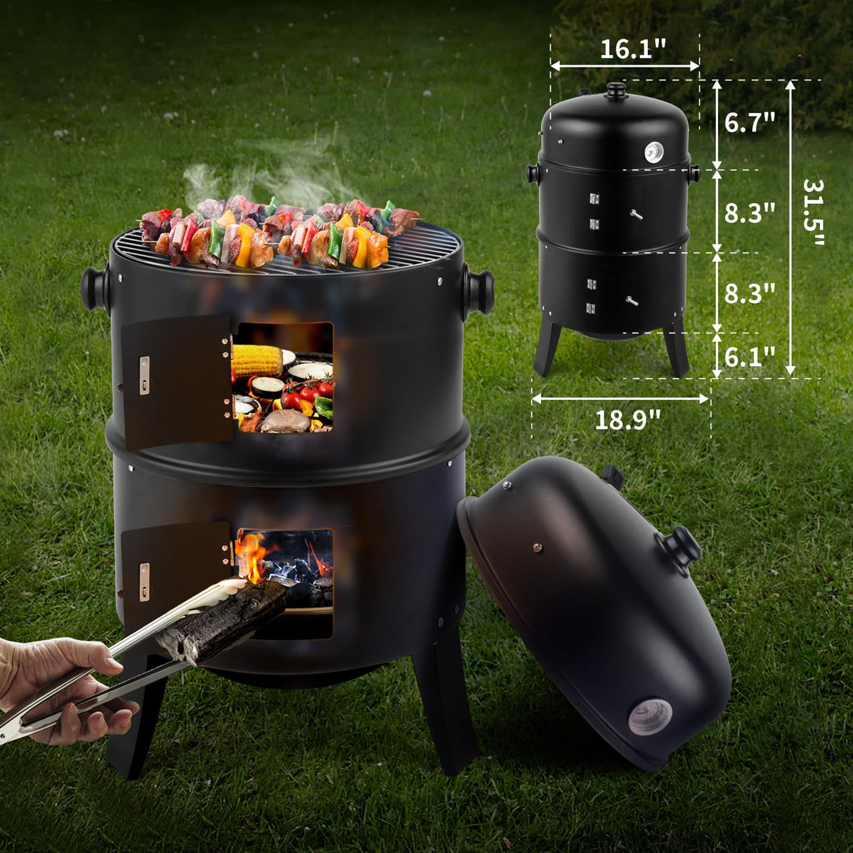 VINGLI 18 Inch Multi-Layer Charcoal BBQ Smoker Grill, Heavy Duty Round Charcoal BBQ Grill for Outdoor Vertical Steel Charcoal Smoking Grill with Thermometer Outdoor Home Party VINGLI
