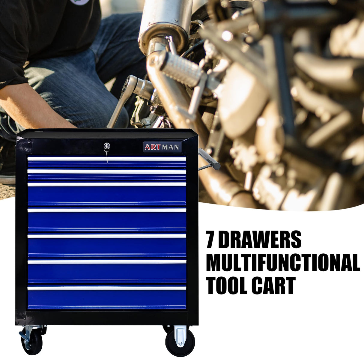 nifoti 7 Drawers Tool Cart on Wheels,Multifunctional Rolling Tool Chest Tool Storage,Drawers Rolling Tool Trolley Organizer Tool Case for Garage, Warehouse, Workshop, Repair Shop (Black+Blue) nifoti