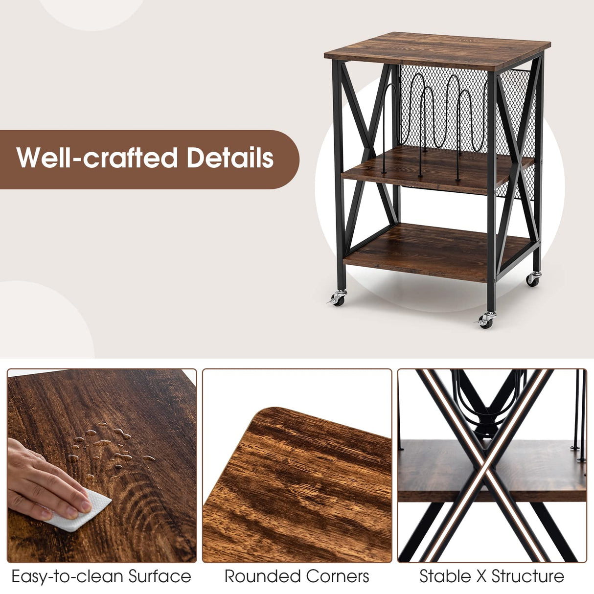 Giantex Record Player Stand, Vinyl Record Storage Table w/ 3 M-shaped Dividers & 4 Rolling Wheels, Turntable Stand Holds Up to 250 Albums for Living Room, Office, Rustic Brown Giantex