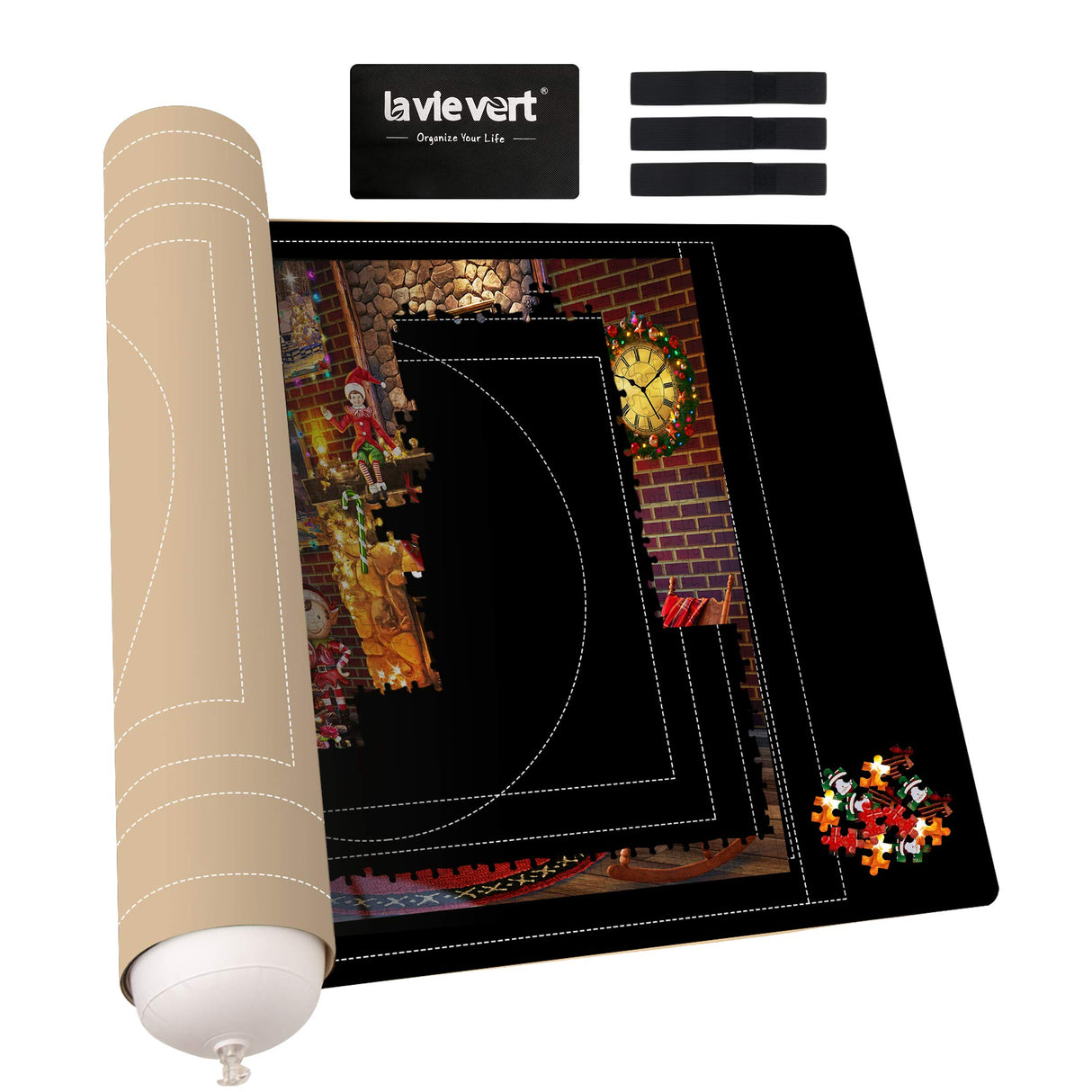 LAVIEVERT Jigsaw Puzzle Mat Roll Up, Double-Sided Neoprene Puzzle Roll Mat, Portable Puzzle Board Keeper Saver with Auxiliary Line & Storage Bag for Up to 1500 Pieces - Black & Khaki LAVIEVERT
