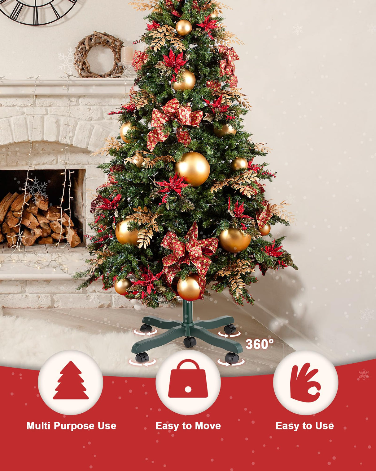 GuuG Christmas Tree Stand Base: Rolling Christmas Tree Stand for Artificial Fake Tree Xmas Tree Stand with Wheels Holder Replacement up to 6ft, Fits 1.4 Inchs Tree Pole, 23" Tree Foot Diameter (Green) 224511W GuuG