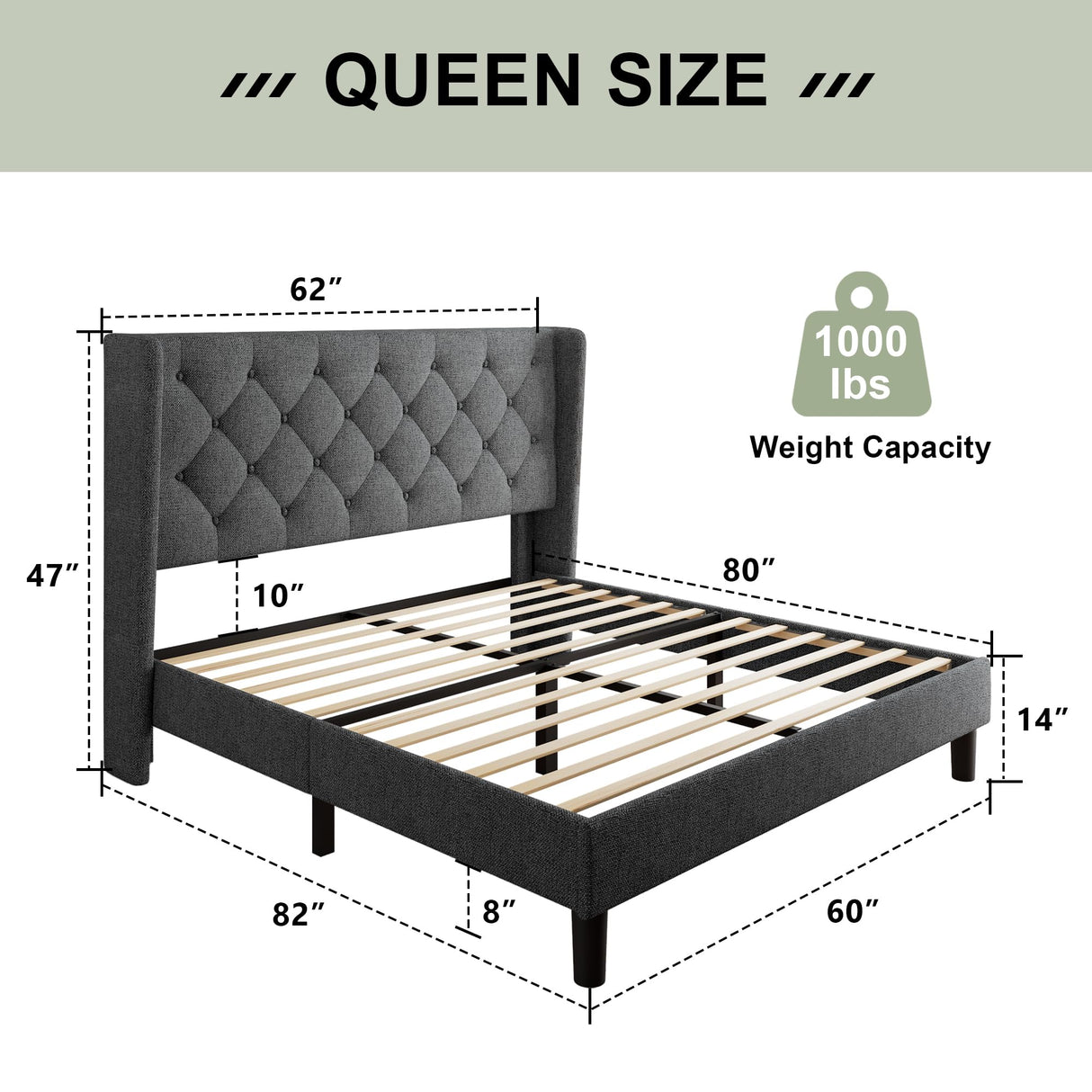 Feonase Queen Size Bed Frame with Diamond Tufted Wingback Headboard, Morden Upholstered Platform Bed, Sturdy Wooden Slats Support, Noise-Free, No Box Spring Needed, Easy Assembly, Dark Gray Feonase