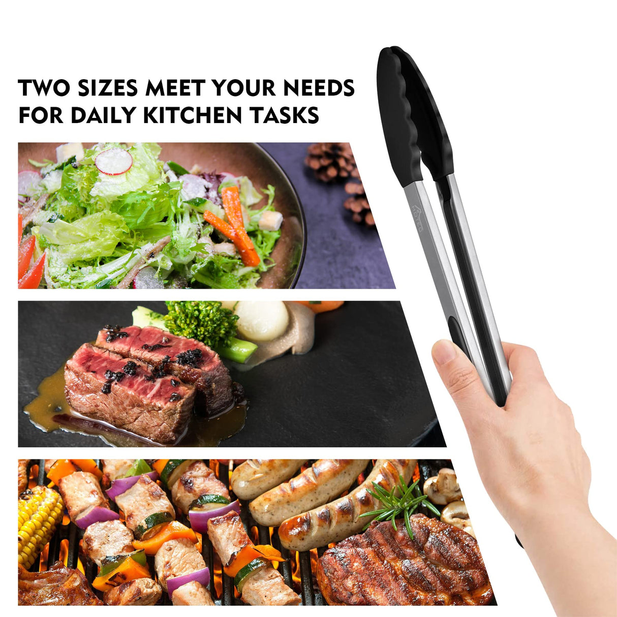 HOTEC Premium Stainless Steel Locking Kitchen Tongs with Silicon Tips, Set of 2-9" and 12" HOTEC