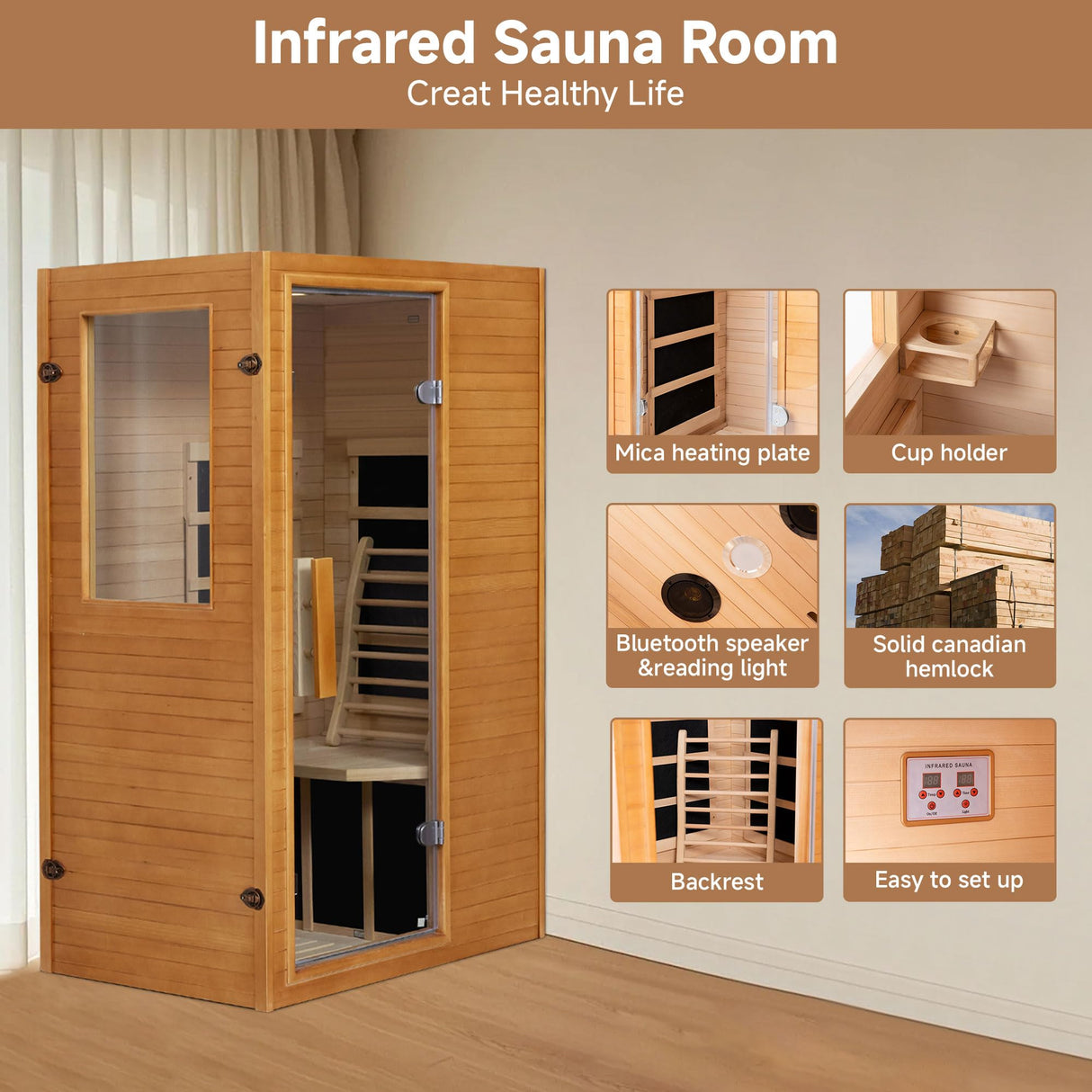 springspa Infrared Sauna Home Sauna, Indoor Far Infrared Saunas for Home, 1 Person Low Emf Canadian Hemlock Wooden Spa Room 950w, 110v with Control Panel springspa