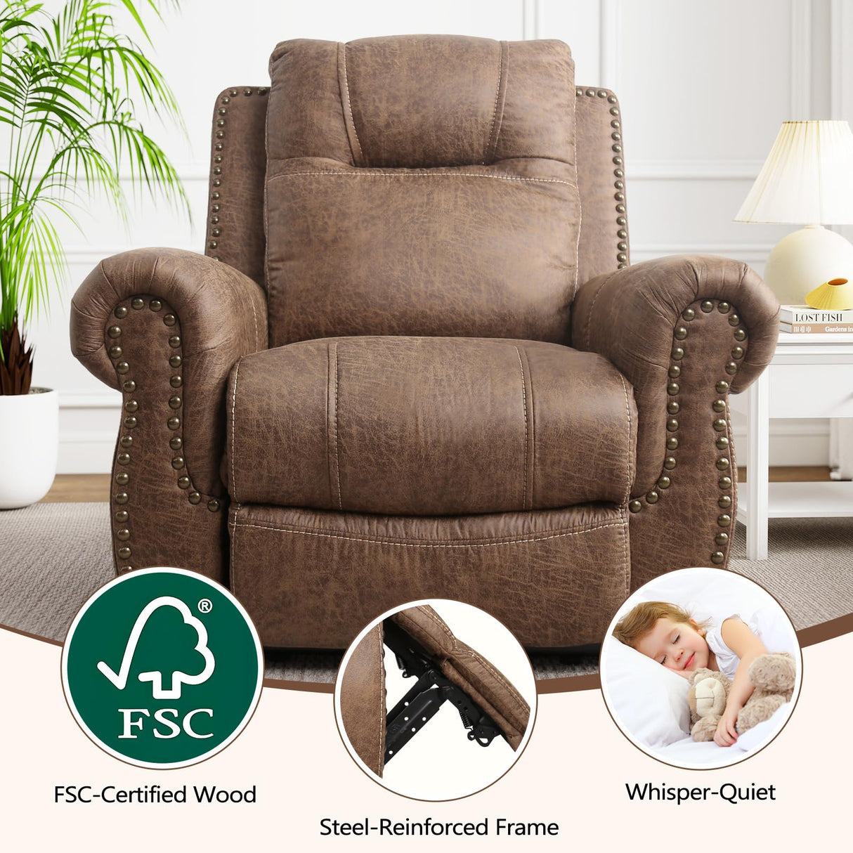 ANJ Electric Power Recliner Chair with USB Ports, Breathable Faux Leather Oversized Recliner with Comfortable Arms, Back and Headrest, Single Sofa for Living Room, Nut Brown ANJ
