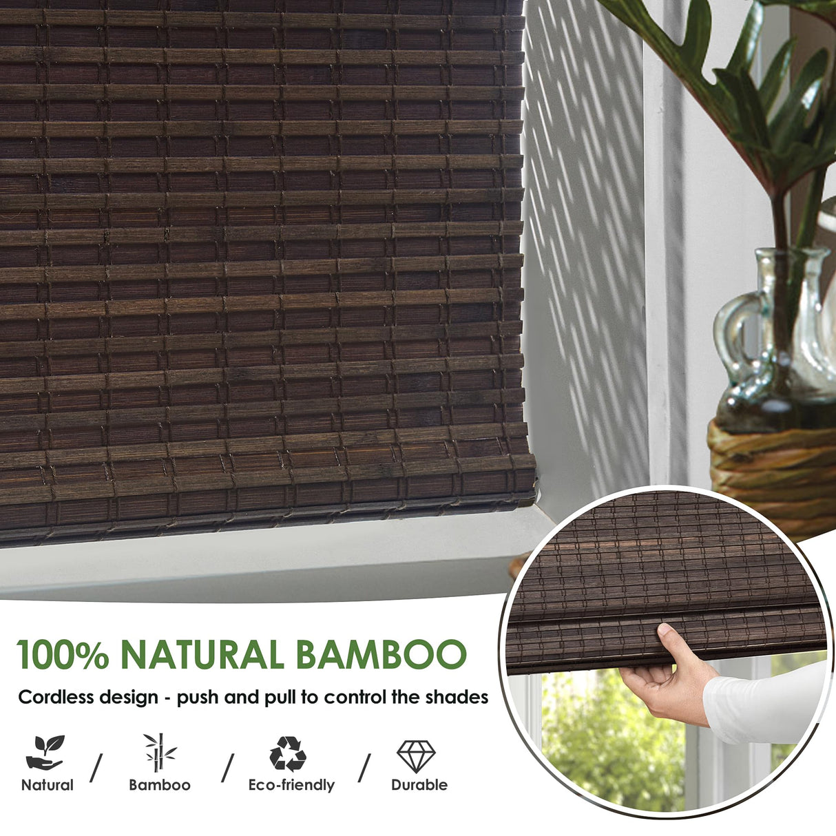 LazBlinds Cordless Bamboo Roman Shades, Privacy Blinds for Interior Windows, Room Darkening Roll Up Bamboo Blinds for Home & Patio, 32.5" W x 64" H, BDP-Espresso LazBlinds
