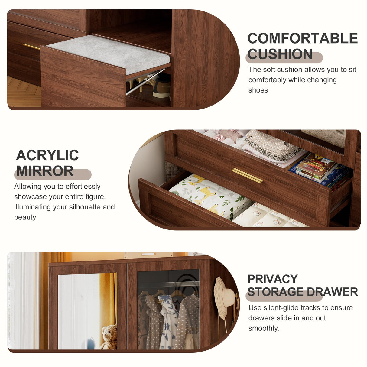 PAKASEPT 2 Doors Armoire Wardrobe Closet with Mirror,71'' Tall Freestanding Wooden Wardrobe Closet Farmhouse Storage Cabinet for Bedroom with Hanging Rod,Clothes Hook,Drawers,Hidden Bench,Retro Brown PAKASEPT