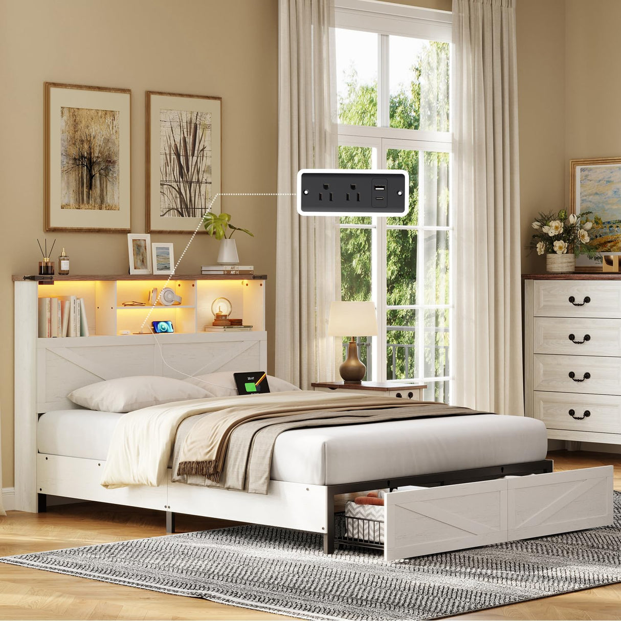 ROCHECASA White Full Size Bed Frame with Bookshelf Headboard, Charging Station, LED Lights, and Storage Drawers ROCHECASA