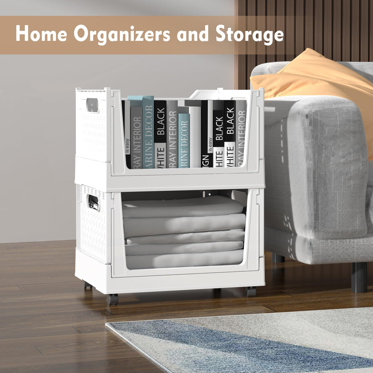 Stackable Plastic Storage Basket, 3 Pack Foldable Closet Organizers and Storage Bins with Wheels, Collapsible Drawer Shelf Storage Box Container for Office Bedroom Closet Wardrobe Kitchen Bathroom BUZIFU