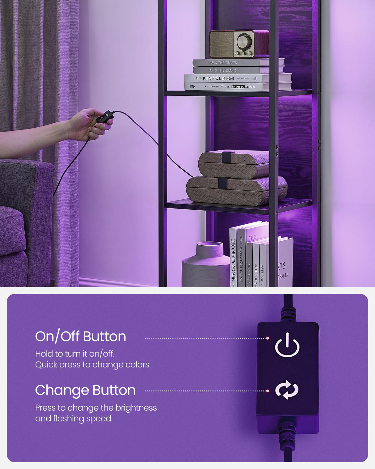 VASAGLE 6-Tier LED Bookshelf, Display Shelf with Dimmable Lights, LED Bookcase with Steel Frame, 11.9 x 15.7 x 70.3 Inches, for Living Room, Bedroom, Office, Black with Wood Grain ULLS121B56 VASAGLE