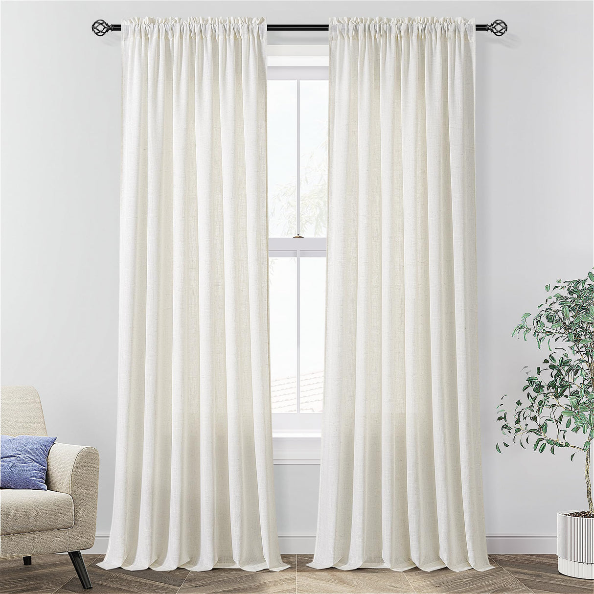 Guken Natural Linen Curtains 84 Inch Length for Living Room Bedroom 2 Panels Set Rod Pocket Light Filtering Semi Sheer Window Curtains 52 Inch Width Boho Farmhouse Linen Drapes Cream Ivory, W52xL84 Guken