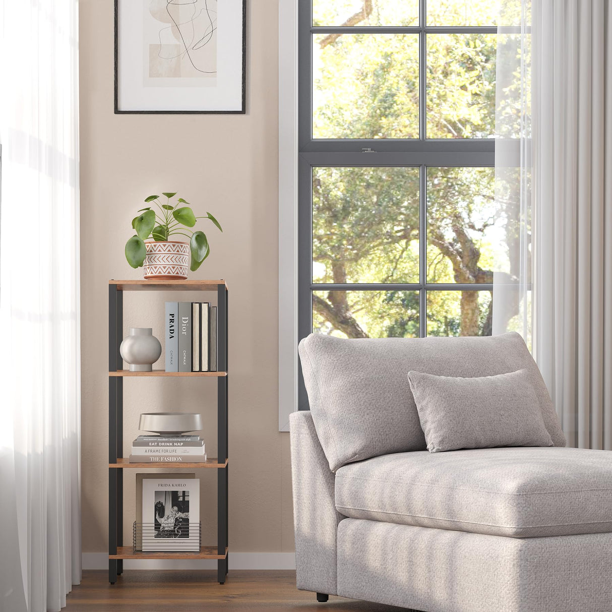 TUTOTAK 4-Tier Narrow Bookshelf for Small Spaces in Rustic Brown TUTOTAK