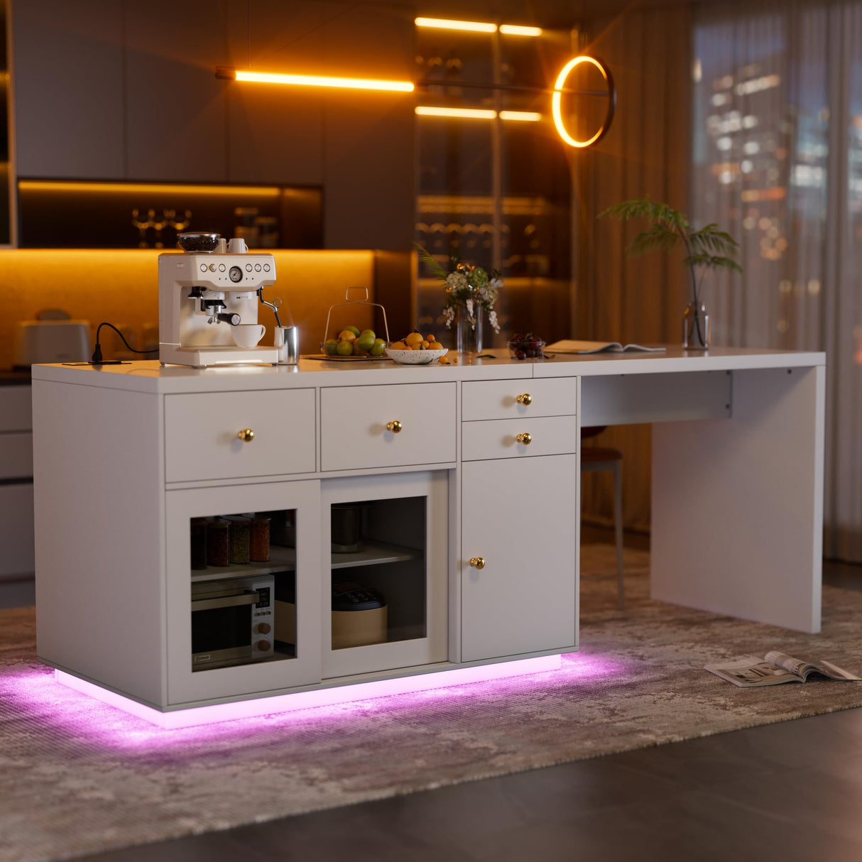 PAKASEPT Kitchen Island with Stationary Dining Table, 78.7" Storage Islands with LED Light, 4 Drawers, Open Shelves, 1 Cabinet, Power Outlet, Breakfast Bar Counter - Kitchen Table Coffee Bar PAKASEPT