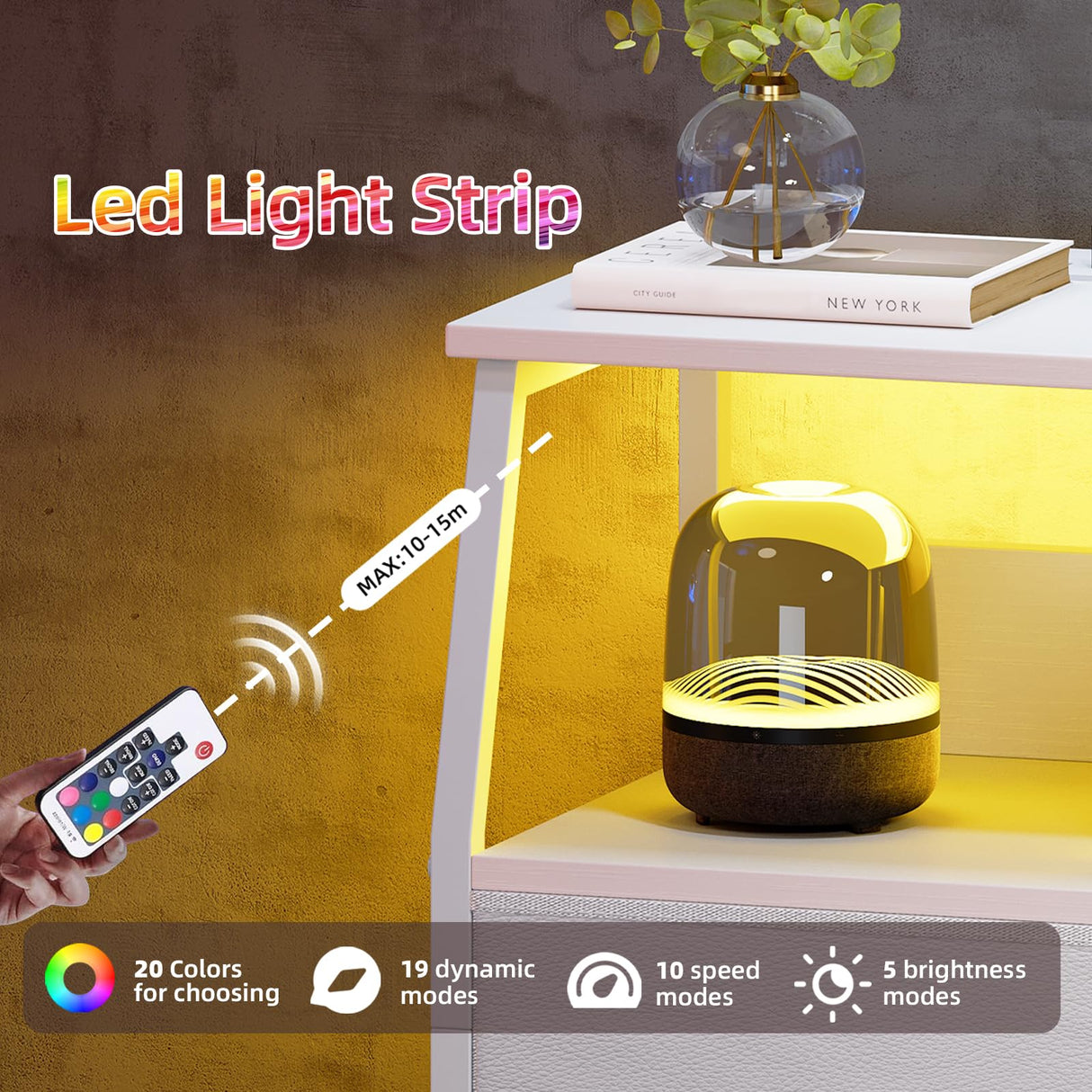 Somdot White Nightstand with Charging Station and LED Light for Bedroom, Tall 3 Drawers Dresser with Fabric Bins for Bedside Kids Dorm Room Closet Laundry Entryway, White Leather Somdot