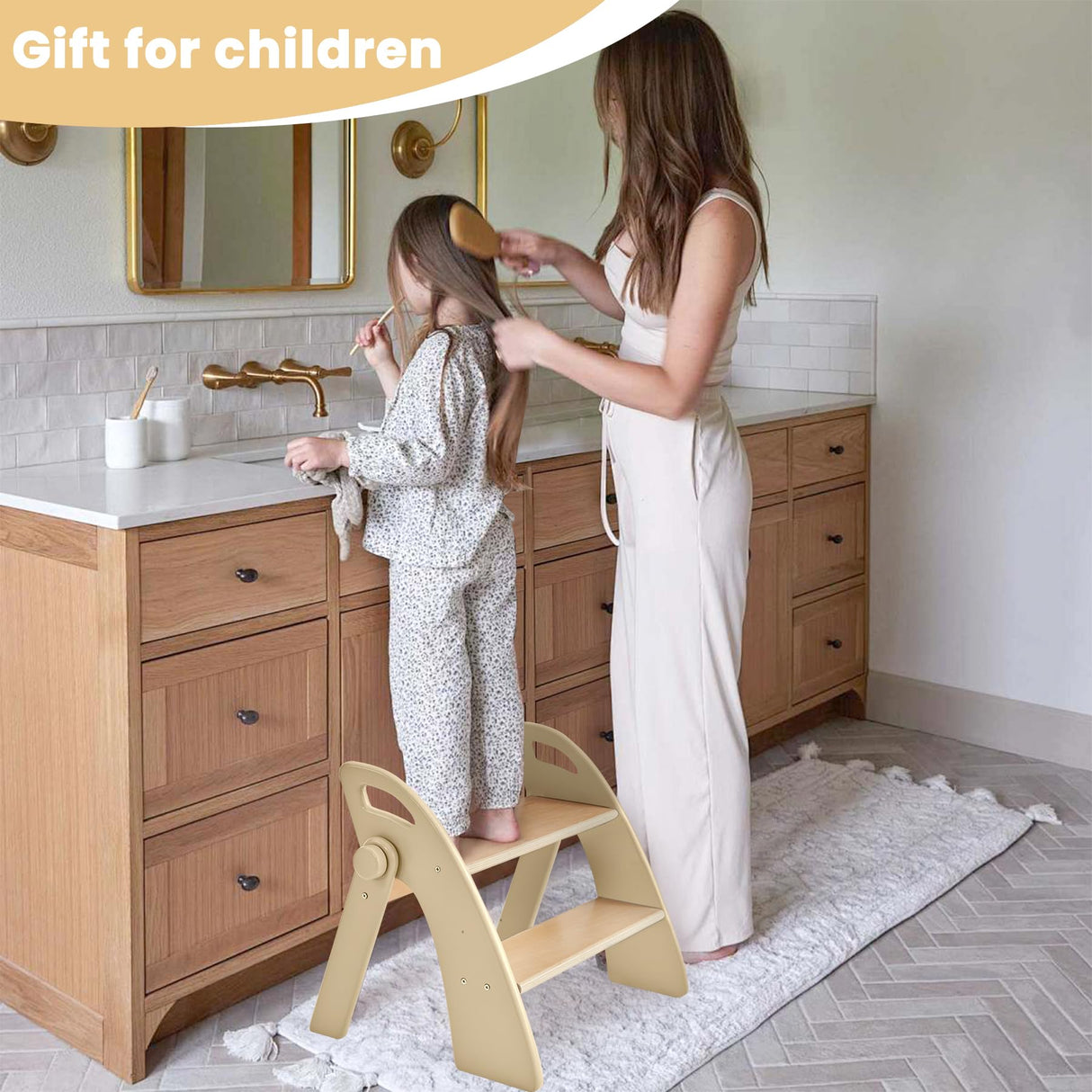 Reeple Wooden Step Stool, 300 lb. Load Capacity, with Safety Non-Slip Pads and Handles, Bamboo Step Stool for Bathroom and Kitchen, Children's Double Height(Log Color) Reeple