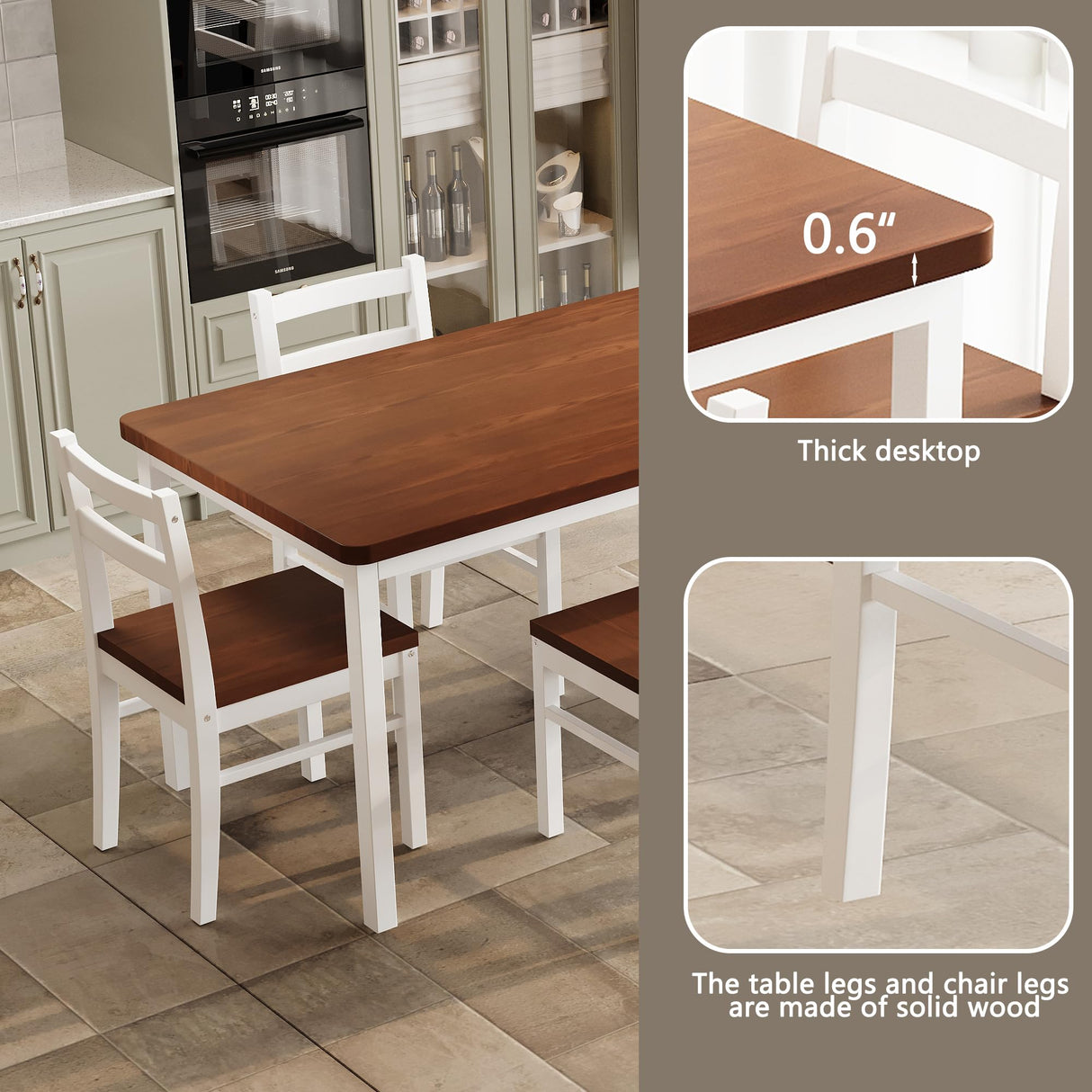 Orweiin Solid Wood Dining Table Set for 4, Farmhouse Rectangular Table and 4 Chairs Set for Kitchen, Living Room, Dining Room, Breakfast Nook, Natural+White Orweiin