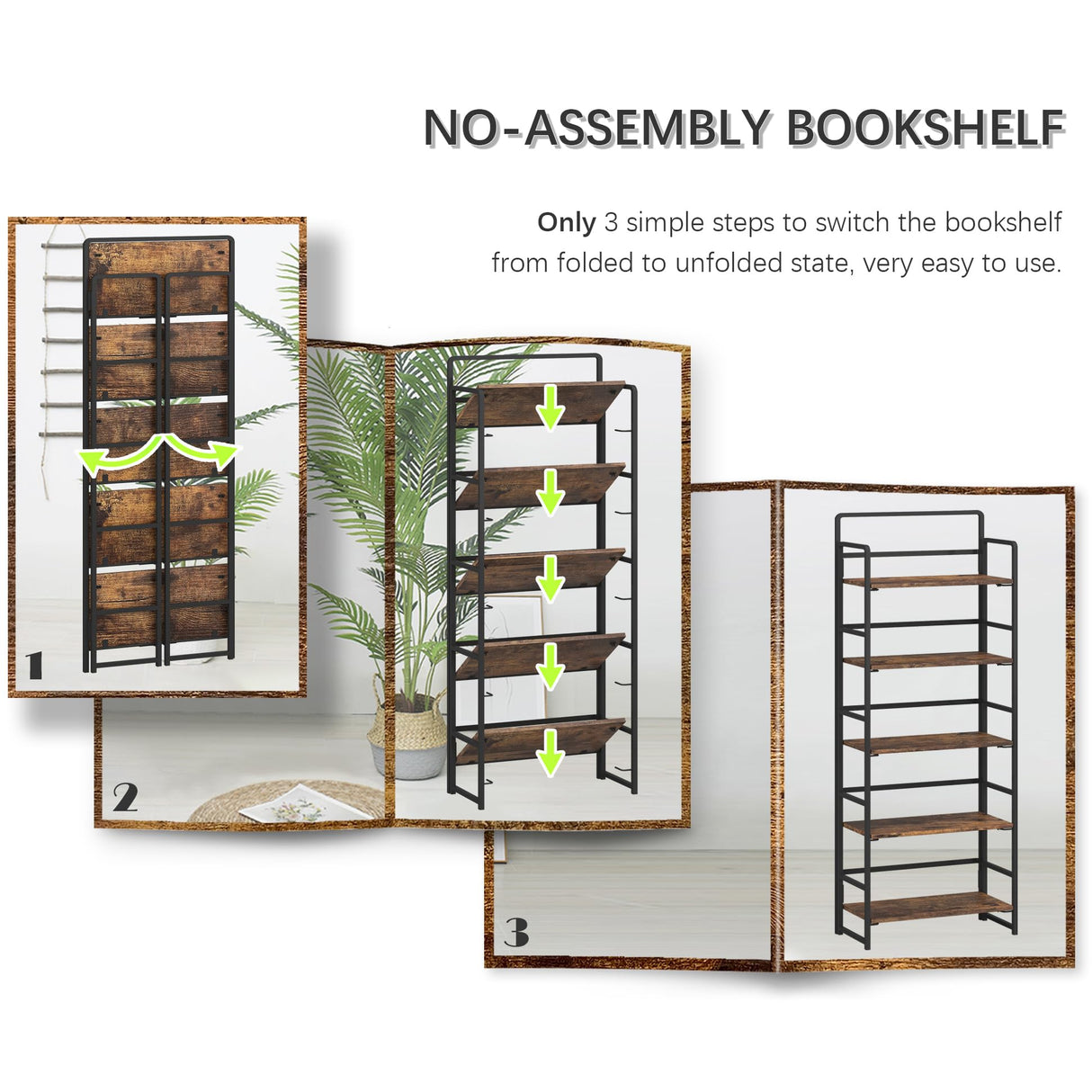 4NM No-Assembly 5 Tiers Folding Bookshelf Storage Shelves Vintage Bookcase Standing Racks Study Organizer Home Office (Rustic Brown) 4NM