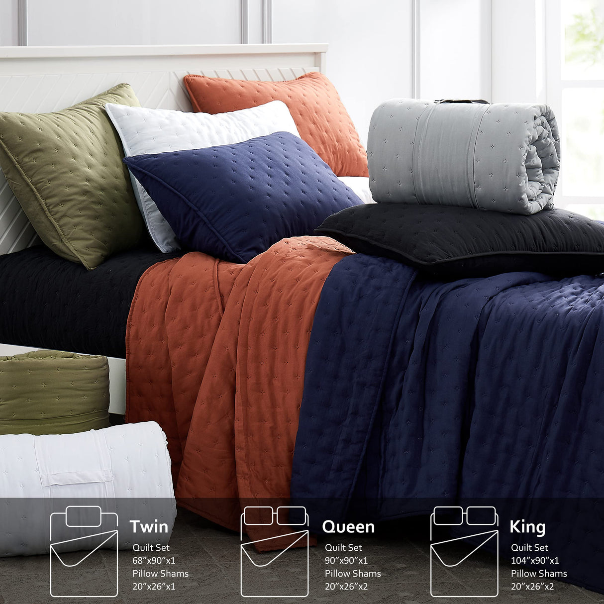 Olive Green Cloud King Size Quilt Bedding Sets with Pillow Shams, Farmhouse Lightweight Soft Bedspread Coverlet, All Season Rustic Country Thin Comforter, 3 Pieces, 104x90 inches ROARINGWILD