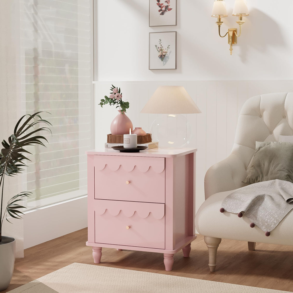 Pink Nightstand Side End Table with 2 Drawers, Modern Night Stand with Petal Pattern for Bedroom, Scalloped Bedside Night Tables with Solid Wood Legs Anbuy
