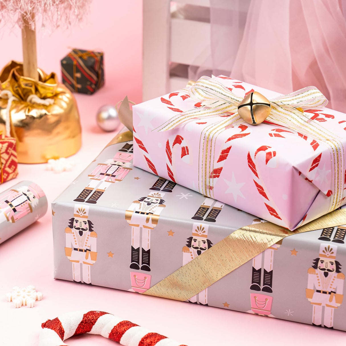 WRAPAHOLIC Reversible Nutcracker Christmas Wrapping Paper - Mini Roll - 17 Inch x 33 Feet - Nutcracker and Candy Cane Design Printed on Pearlized Paper for Chrsitmas, Holiday, Party Celebration WRAPAHOLIC