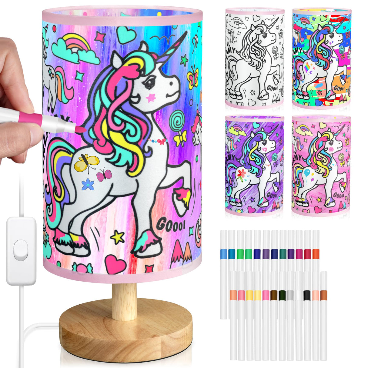 JIGQGY Unicorn Lamp DIY Kit for Kids – Paint Your Own Night Light with 24 Markers, Arts & Crafts for Girls Ages 4-12, Creative Birthday Gifts for Girls Boys, Art Supplies Toys Ages 6 7 8 9 10 11 12 JIGQGY