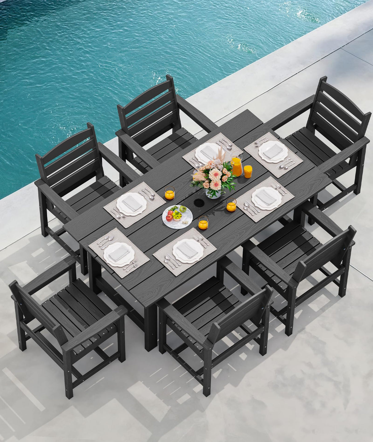 SERWALL 8-Piece Patio Dining Sets with 15FT Double Side Patio Umbrella, Outdoor HDPE Dining Furniture Set with Umbrella Hole Cut-Out Table and 6 Chairs, Black(Umbreall Base not Included) SERWALL
