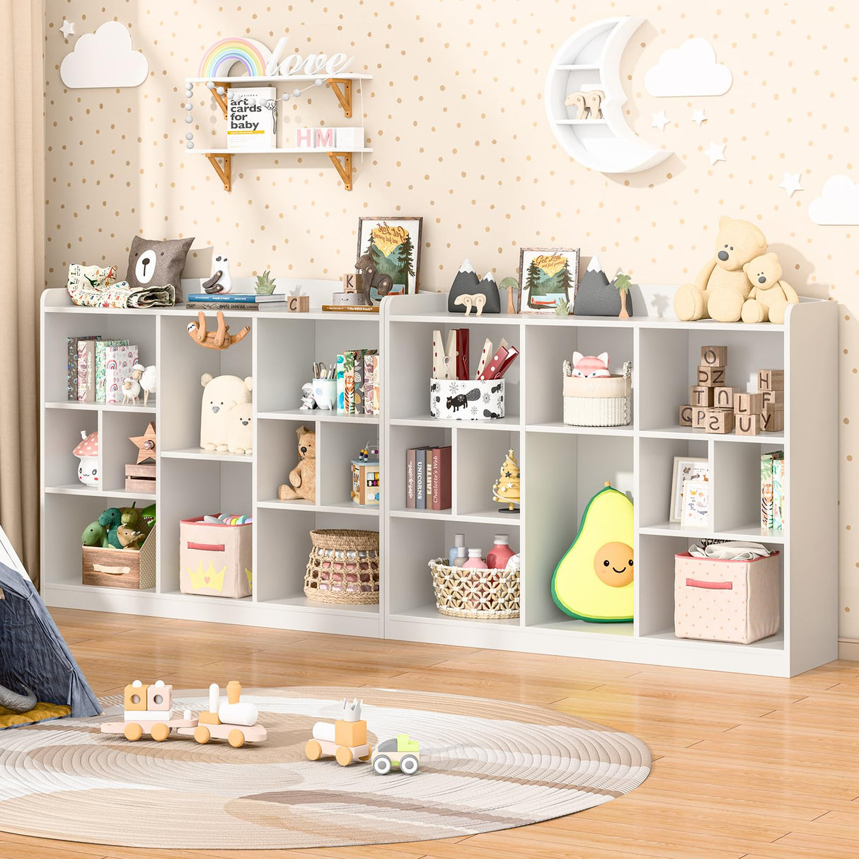 Vabches Kids Cube Bookshelf & Toy Storage Organizer, 3 Tier 10 Storage Cubes with Adjustable Shelf, White Wood Horizontal Cube Bookcase, Book Toy Display Cube Shelf for Kids Room Bedroom Nursery Vabches