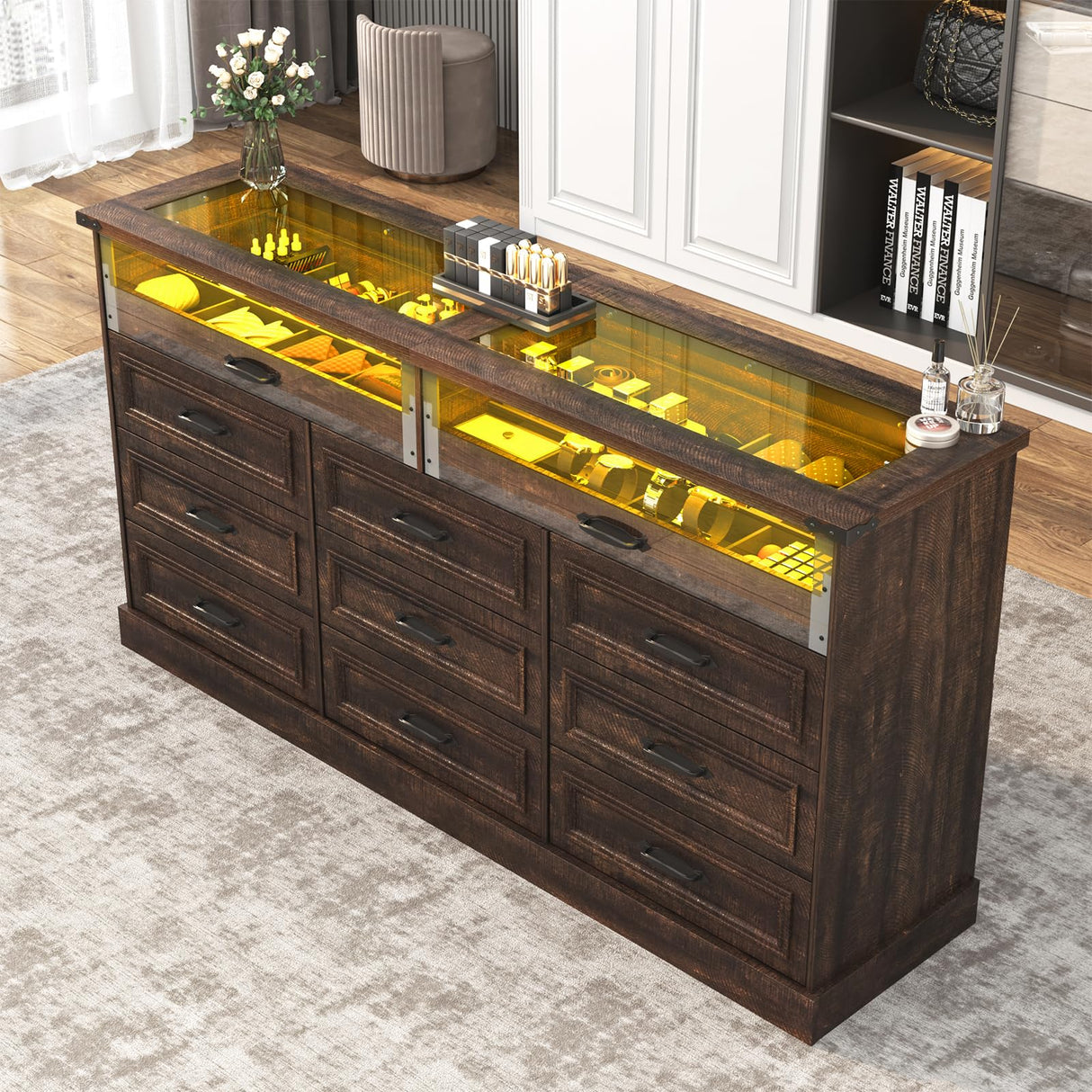 Hlivelood 63" Farmhouse 11 Drawer Dressers for Bedroom, Brown Wood Dresser w/Glass Top&Front Display Organizer, Bedroom Closet Island Chest of Drawers, for Living Room, Bedrooms, Hallway, Brown Hlivelood