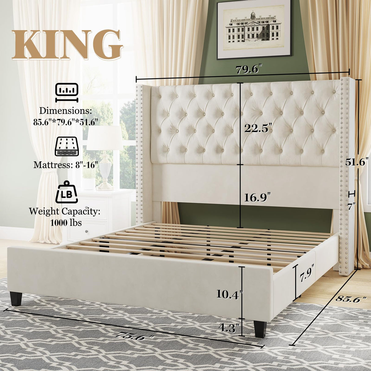Jocisland King Upholstered Bed Frame with Tall Headboard Wingback Platform Bed Tufted Deep Button Velvet/No Box Spring Needed/Easy Assembly/Cream Jocisland