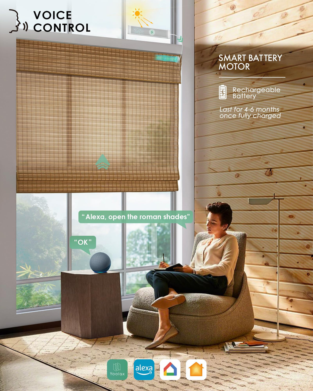 Yoolax Motorized Bamboo Roman Shade Half-Shading Classic Fold Smart Blind Compatible with Alexa & Google Home, Remote Control Electric Window Shade Customize (Bamboo Wide Light Brown) Yoolax