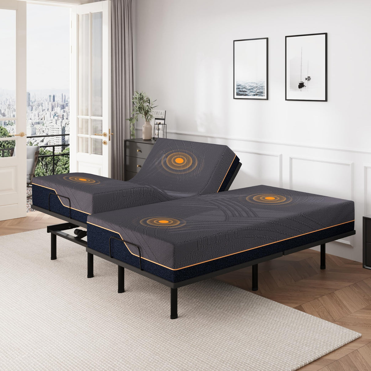 Dyonery Split King Adjustable Bed Base Frame with Wireless Remote + 14 Inch Copper Memory Foam Mattress Bed in a Box, Head and Foot Incline & Massage, Zero Gravity, Fiberglass Free, 80" × 76" Dyonery